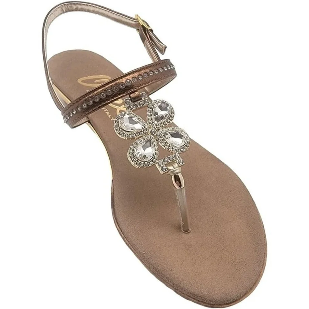 Women's Onex Leather Wedge Slide Sandals Bronze Swarovski Crystal Italy Size 11